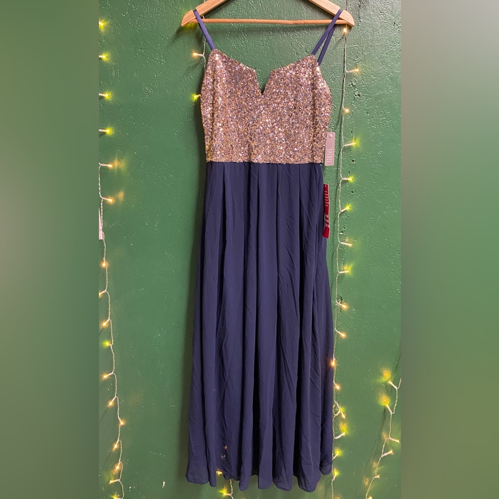 Navy Maxi Dress with Gold Sequin Bodice - Sparkle Evening Gown